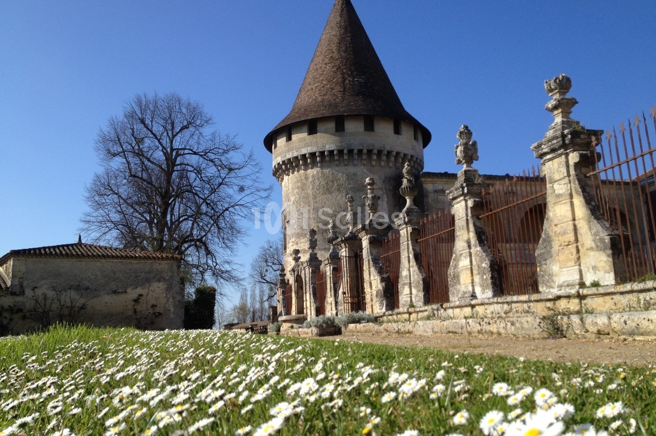 Tour en pierre avec un toit conique, entourée d'une grille et d'un parterre de marguerites sous un ciel bleu.