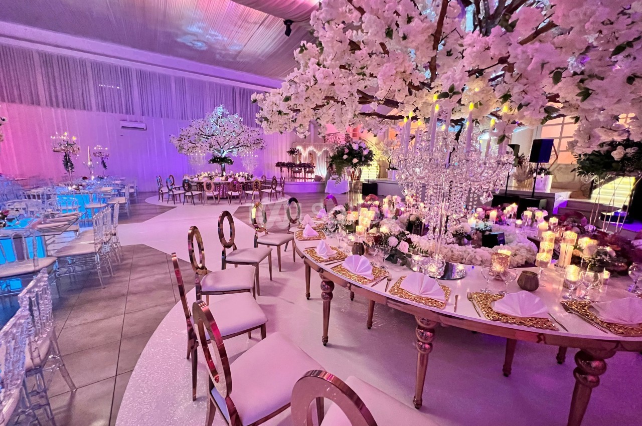 Salle de réception décorée avec des tables élégantes, des chandeliers et des arbres fleuris sous un éclairage coloré.