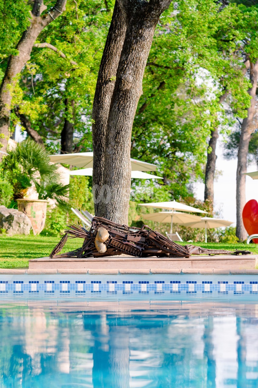 Sculpture en bois représentant un insecte géant, placée près d'un arbre au bord d'une piscine entourée de verdure.