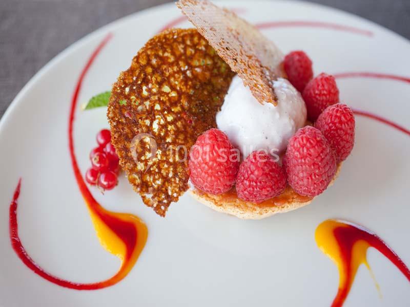 Dessert composé de framboises fraîches, crème glacée, tuiles croustillantes et coulis décoratif sur une assiette blanche.