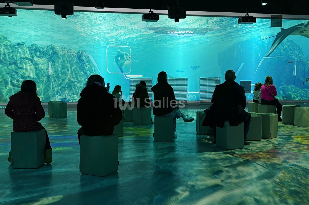 Des personnes assises dans une salle immersive avec des projections d'images sous-marines sur les murs et le sol.