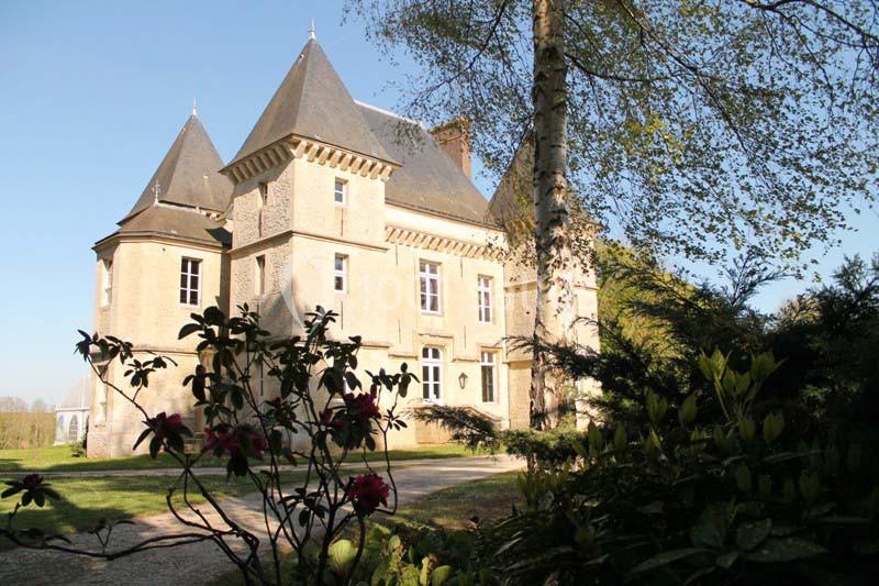 Façade d'un château en pierre entouré de végétation, avec un arbre au premier plan et un ciel dégagé.