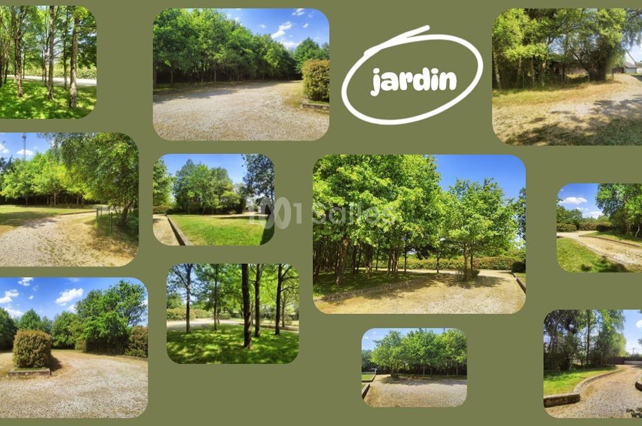 Montage d'images montrant un jardin arboré avec des allées gravillonnées et des espaces verts sous un ciel bleu.