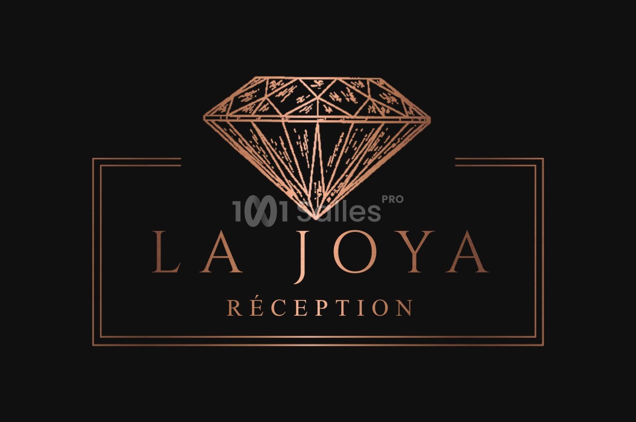 Logo de ’La Joya Réception’ avec un diamant stylisé et des lettres dorées sur fond noir.