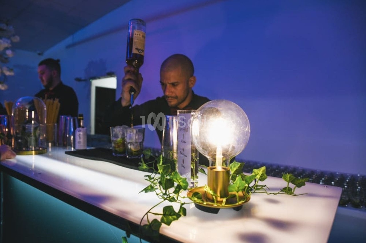 Un barman prépare des cocktails sur un comptoir éclairé, décoré de plantes et d'une lampe à ampoule visible au premier plan.