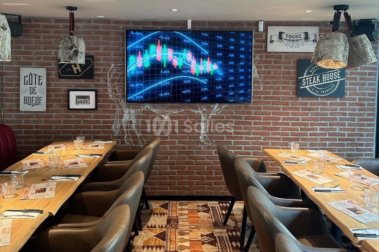 Salle de restaurant avec tables dressées, écran affichant un graphique financier, murs en briques décorés de panneaux.