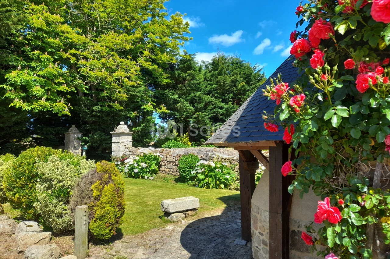 Jardin fleuri avec rosiers rouges, pelouse, muret en pierre et arbres sous un ciel bleu ensoleillé.