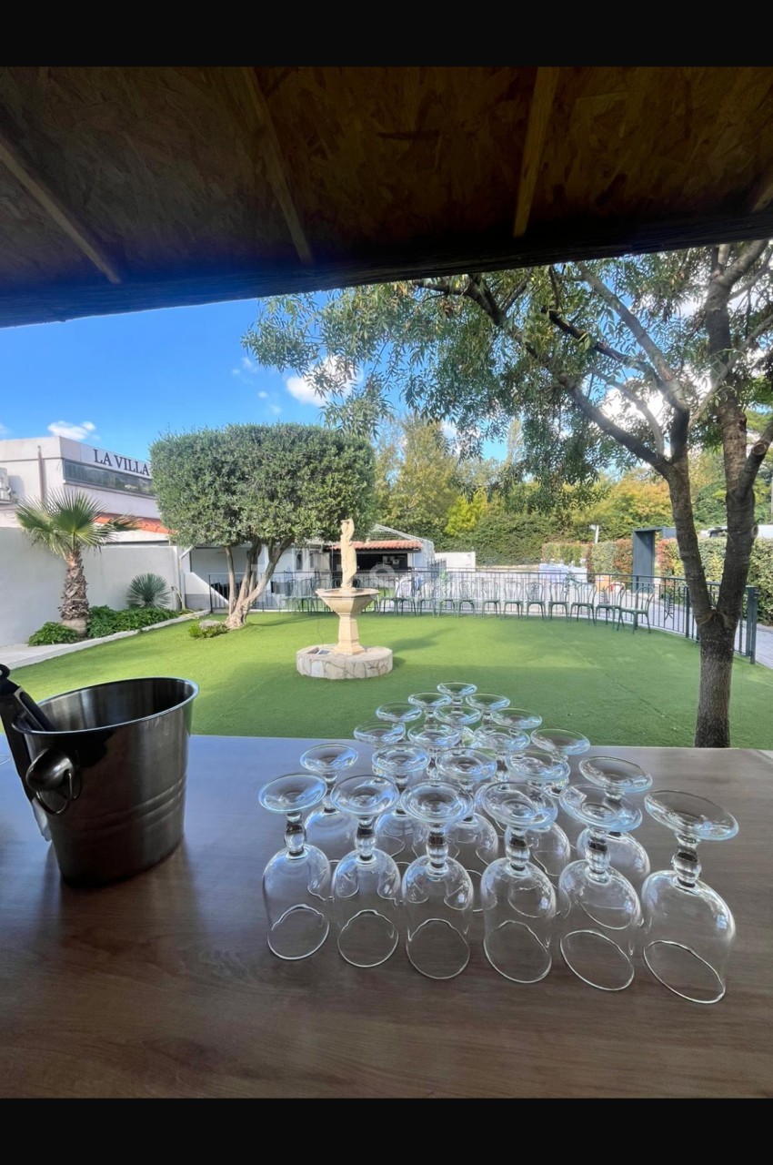 Verres à pied alignés sur une table en bois, avec un seau à glace, donnant sur un jardin avec fontaine et arbres.