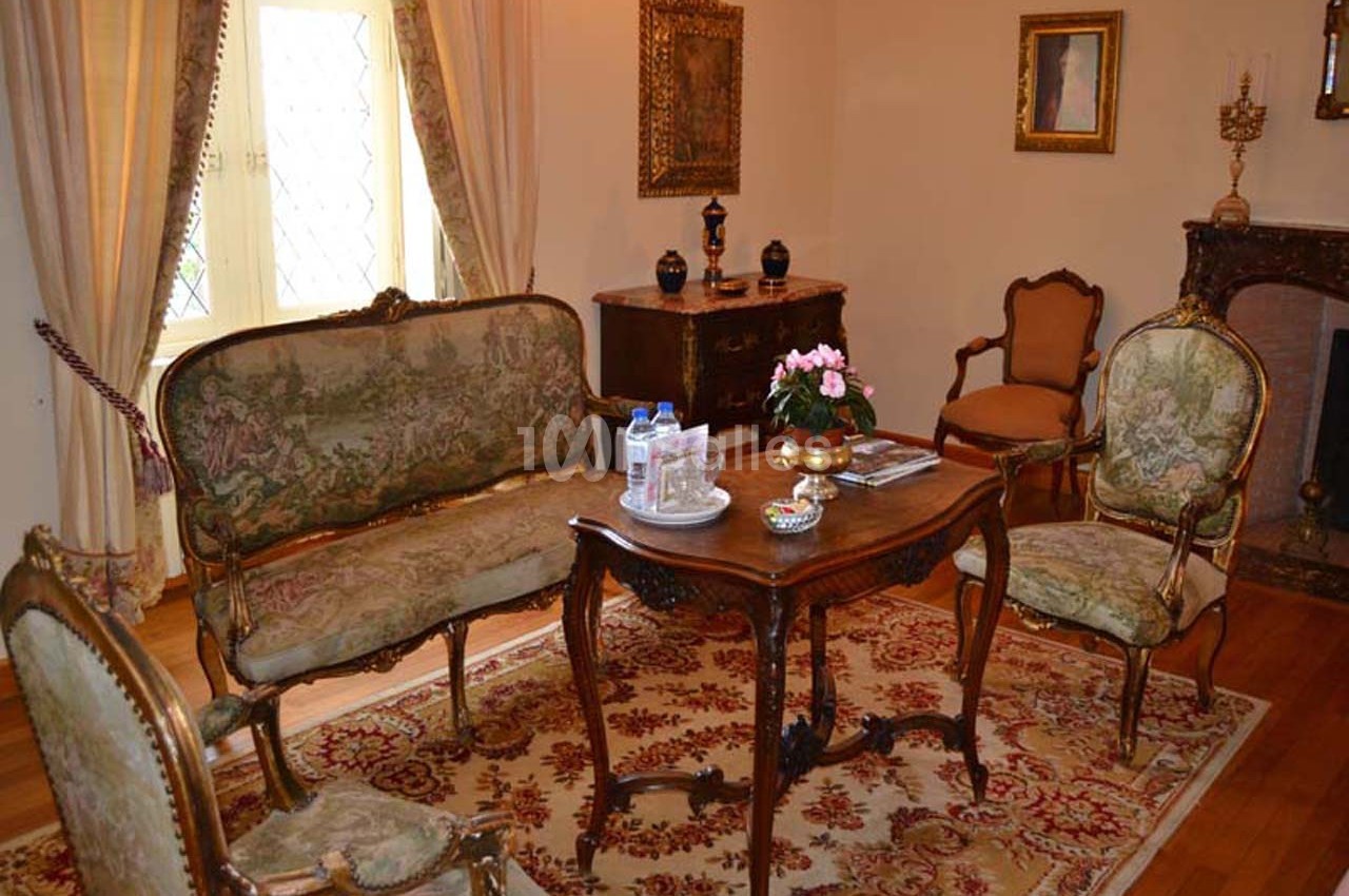 Salon ancien avec mobilier d'époque, comprenant un canapé, des fauteuils, une table en bois et un tapis orné.