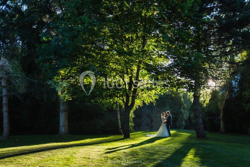 Un couple se tient sous un grand arbre dans un parc verdoyant, baigné par une lumière douce au coucher du soleil.
