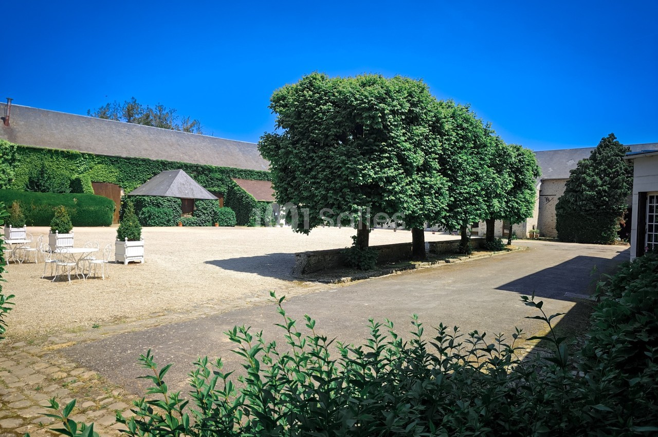 Cour extérieure avec arbres taillés, mobilier de jardin blanc et bâtiments en pierre couverts de lierre.