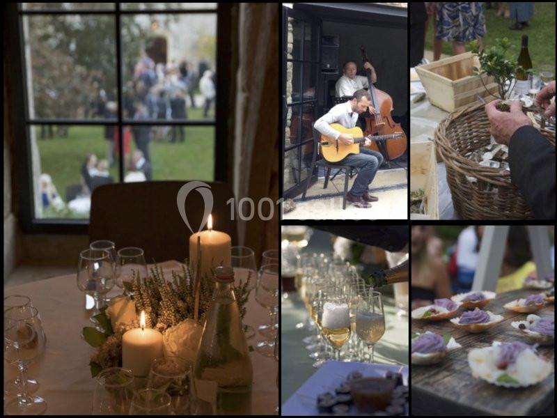 Table décorée avec bougies, musiciens jouant en extérieur, huîtres et amuse-bouches servis lors d'un événement convivial.
