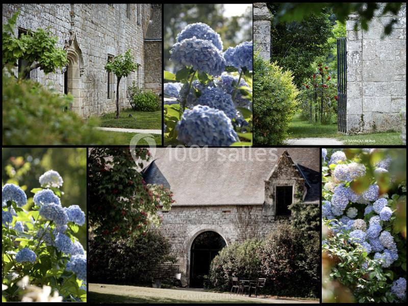 Montage de photos montrant une ancienne bâtisse en pierre entourée de fleurs, dont des hortensias bleus, et de verdure.
