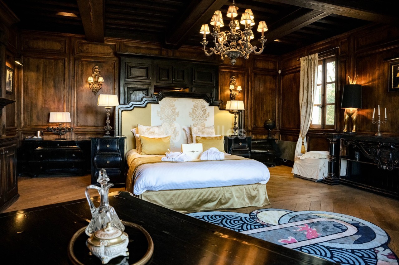 Chambre élégante avec lit double, boiseries sombres, lustre, tapis décoratif et lumière naturelle entrant par une fenêtre.