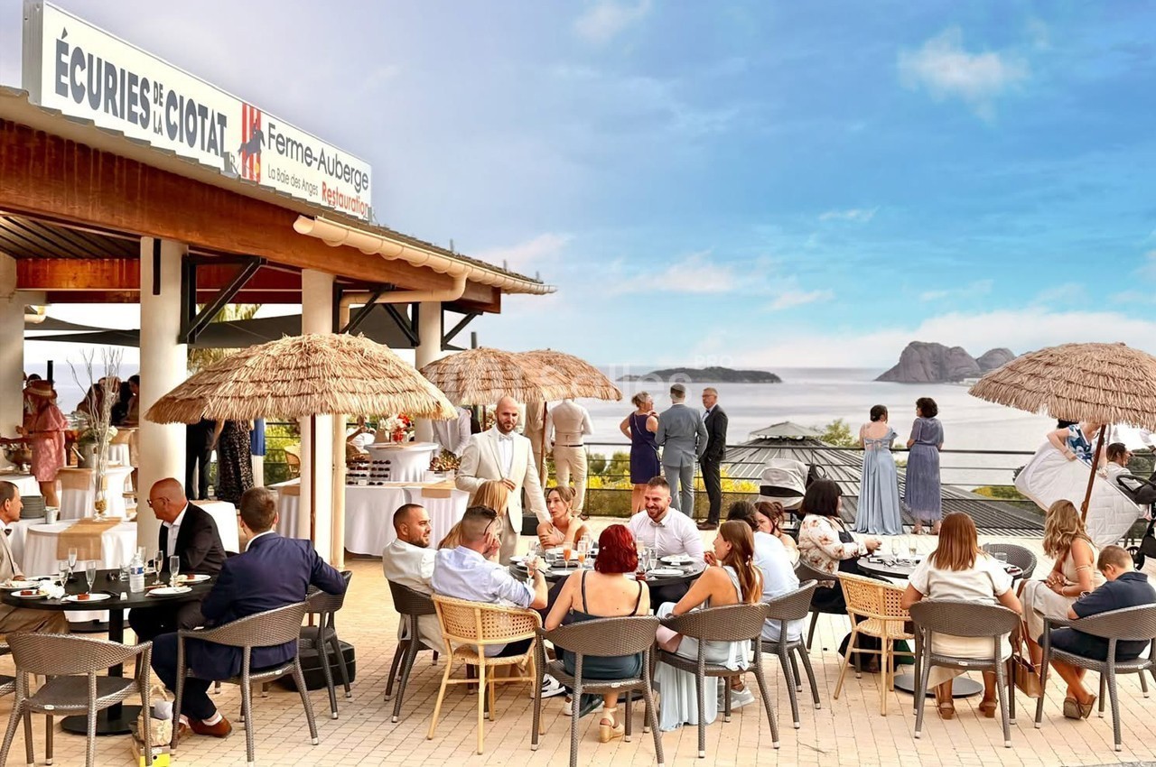 Groupe de personnes attablées en terrasse avec vue sur la mer et des îles, sous un ciel dégagé.