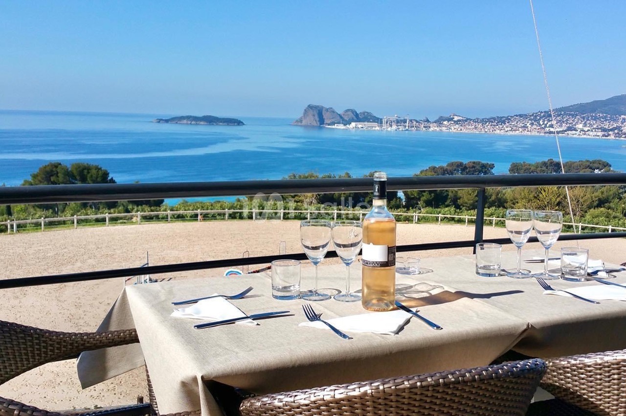 Table dressée avec une bouteille de vin et des verres, offrant une vue panoramique sur la mer et une côte ensoleillée.