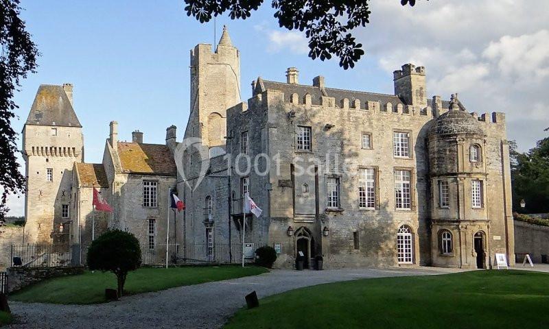Façade d'un château en pierre avec tours, drapeaux et pelouse à l'avant, sous un ciel partiellement nuageux.