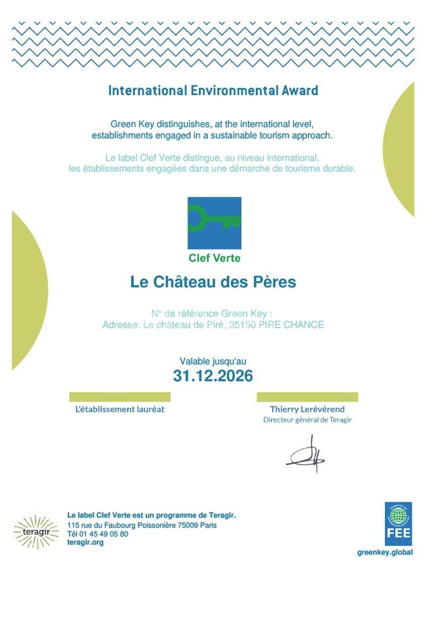 Certificat Clef Verte décerné au Château des Pères pour son engagement en faveur d’un tourisme durable, valable jusqu’en…