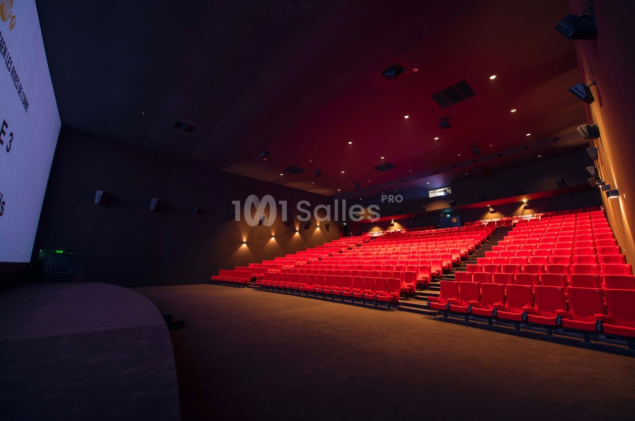 Salle de cinéma vide avec rangées de sièges rouges, écran blanc à gauche et éclairage tamisé.