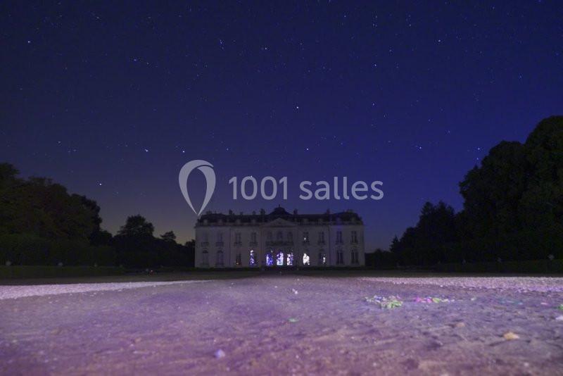 Château éclairé de nuit sous un ciel étoilé, entouré de végétation et vu depuis une allée.