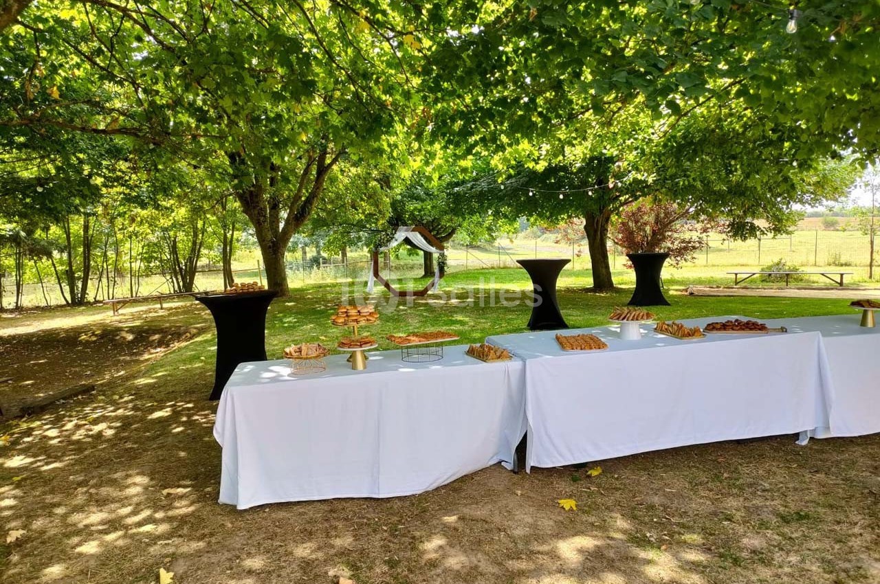 Tables dressées avec des nappes blanches et des buffets de nourriture sous des arbres dans un espace extérieur ombragé.