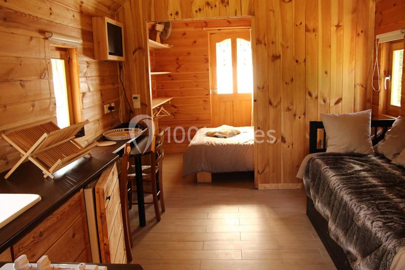 Intérieur d'une petite cabane en bois avec un lit, un canapé, une kitchenette et des étagères.