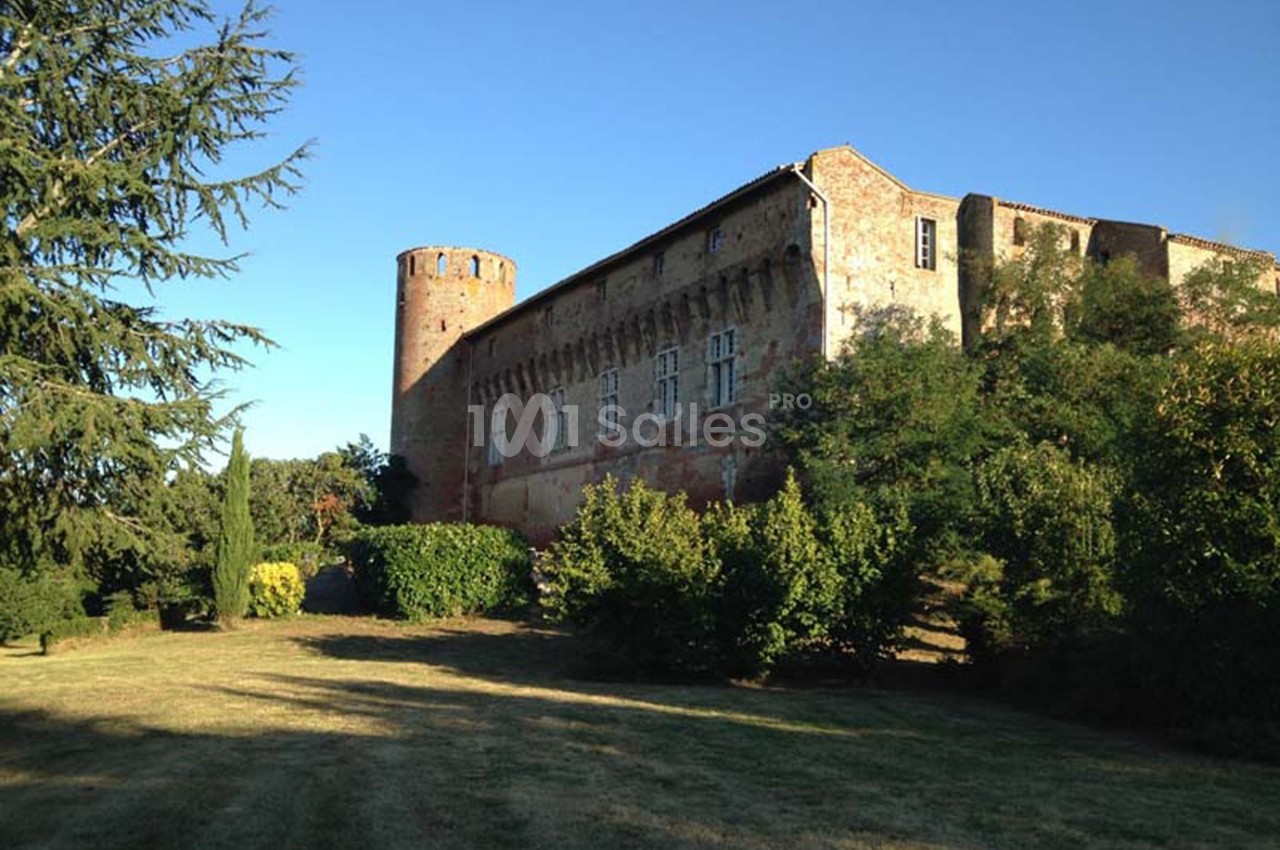 Château en pierre avec une tour ronde, entouré de verdure et baigné par une lumière en fin de journée.