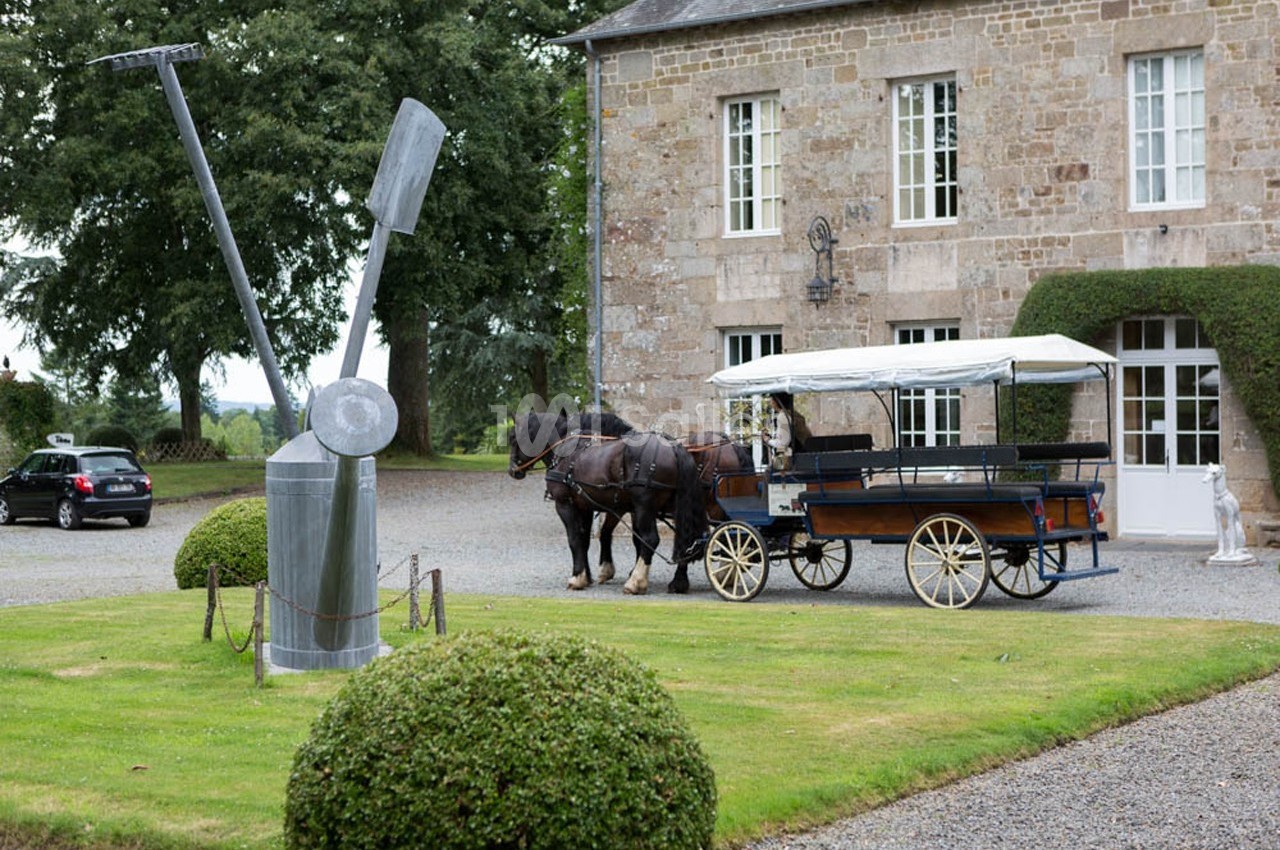 Calèche tirée par deux chevaux stationnée devant un bâtiment en pierre, avec une sculpture métallique au premier plan.