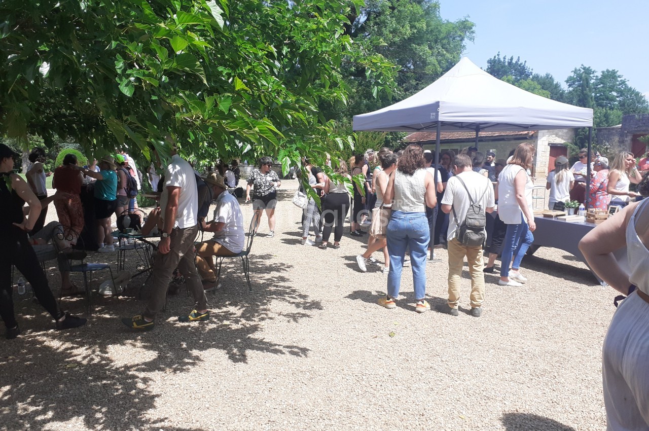 Groupe de personnes rassemblées dans un espace extérieur ombragé avec des stands et des tables sous un ciel ensoleillé.