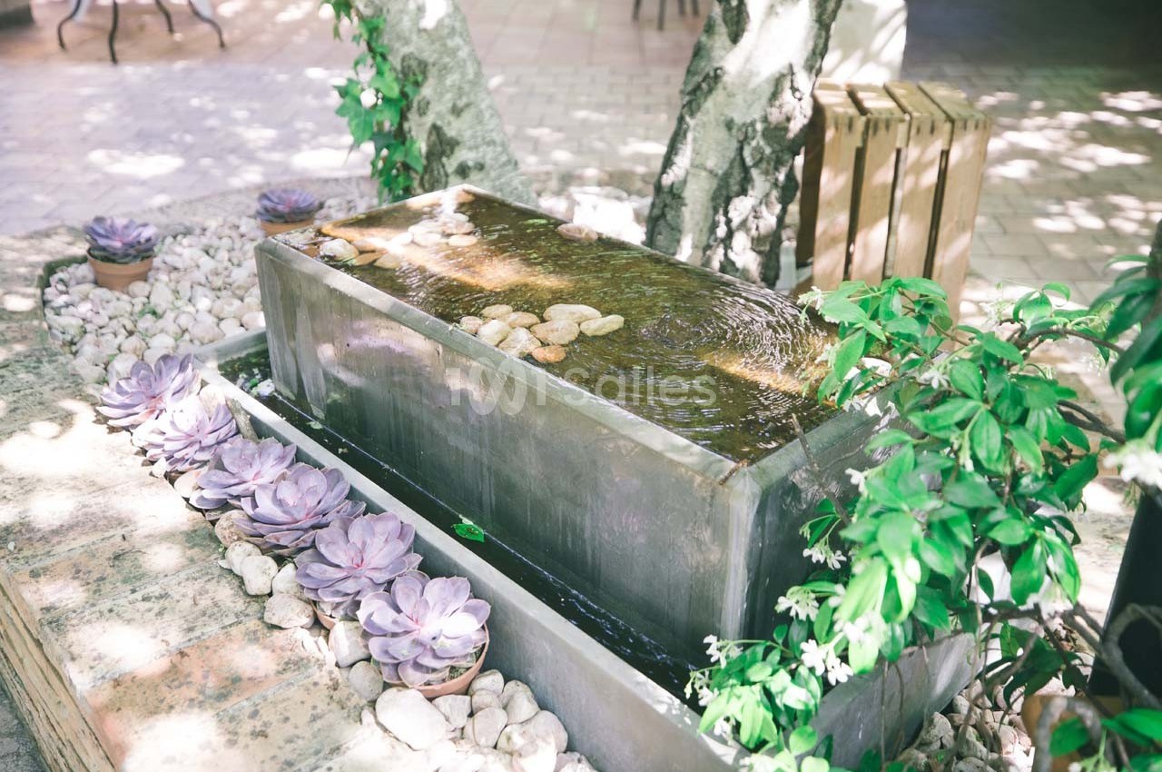 Fontaine rectangulaire en métal entourée de plantes succulentes et de galets, sous des arbres ombragés.