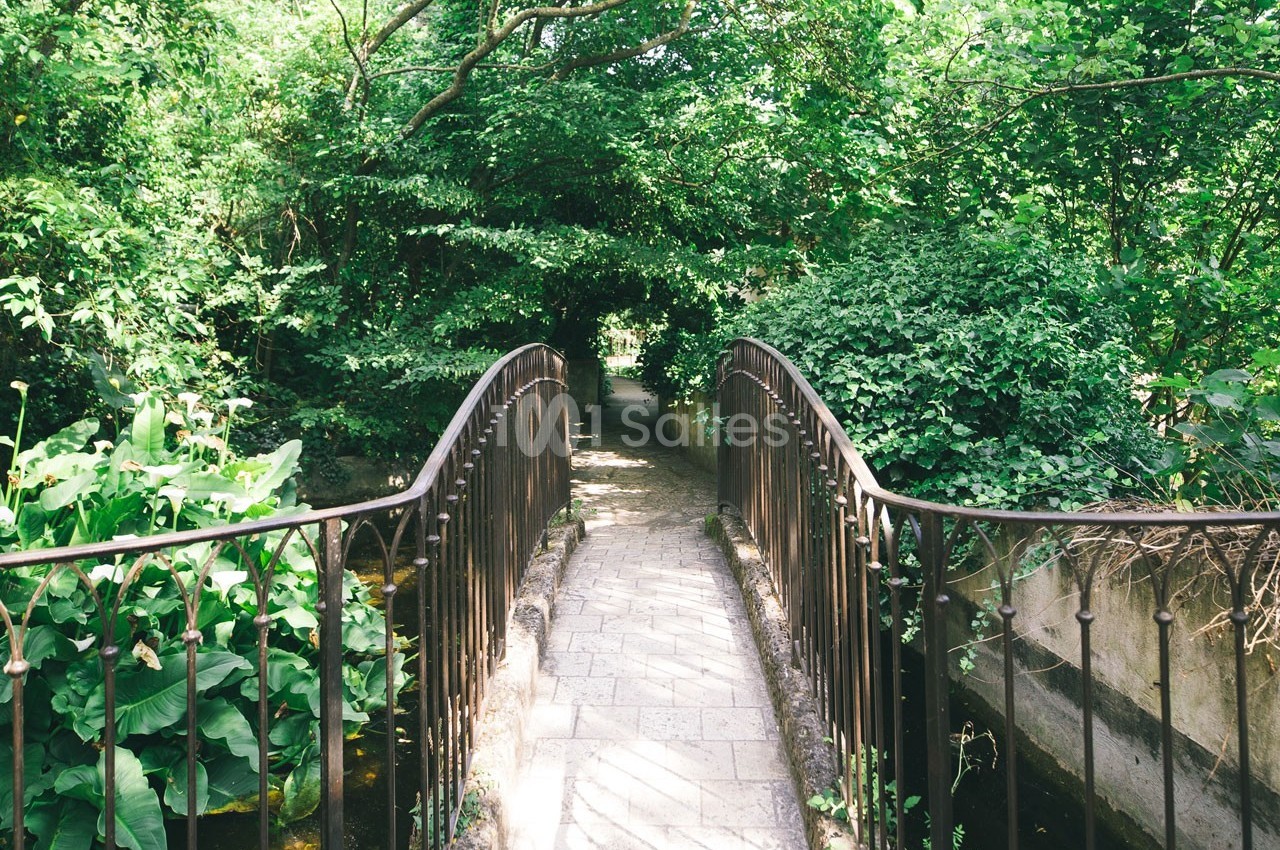 Pont en métal étroit traversant un petit cours d'eau, entouré de végétation dense et verdoyante.