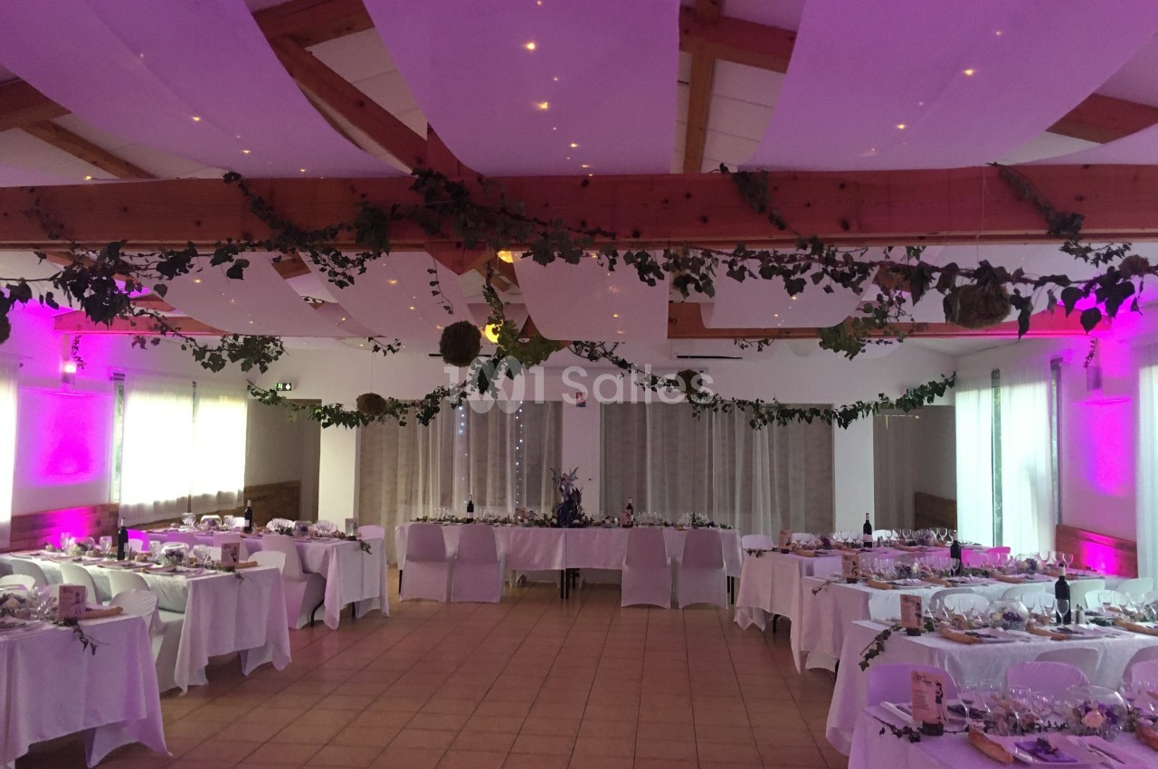 Salle de réception décorée avec des guirlandes végétales, éclairage rose et tables dressées pour un événement.