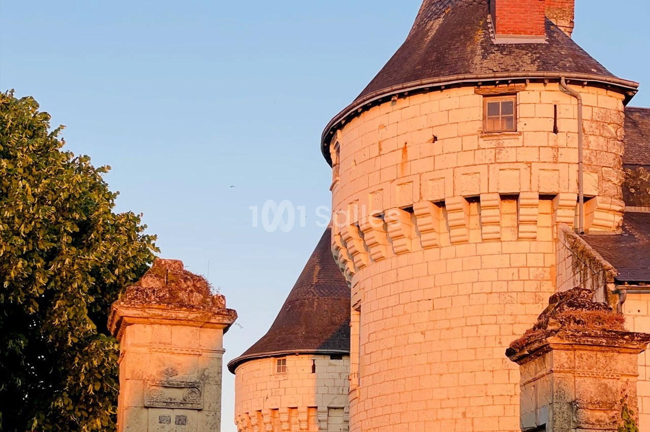 Tour en pierre d'un château éclairée par une lumière dorée au coucher du soleil, avec un arbre à gauche.