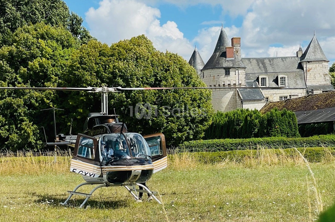 Hélicoptère posé dans un champ verdoyant avec un château en arrière-plan sous un ciel partiellement nuageux.