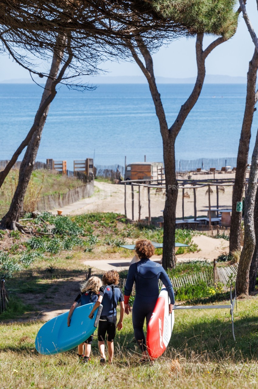 Trois personnes en combinaison néoprène portant des planches de surf descendent vers une plage bordée de pins.