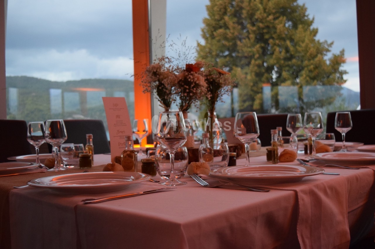 Table dressée avec nappes roses, vaisselle élégante, fleurs au centre et vue sur un paysage boisé à travers de grandes…