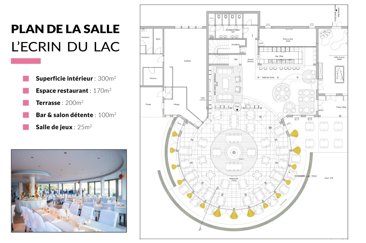 Plan détaillé de la salle ’L'Écrin du Lac’ avec dimensions des espaces et photo d'une salle lumineuse avec vue sur le lac.