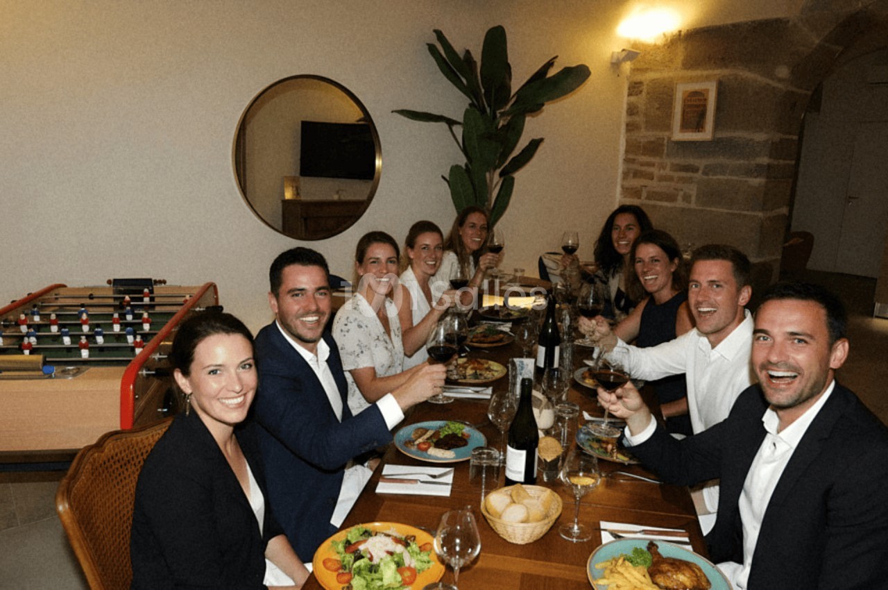 Un groupe de personnes souriantes partage un repas autour d'une table, avec des verres levés dans un cadre convivial.