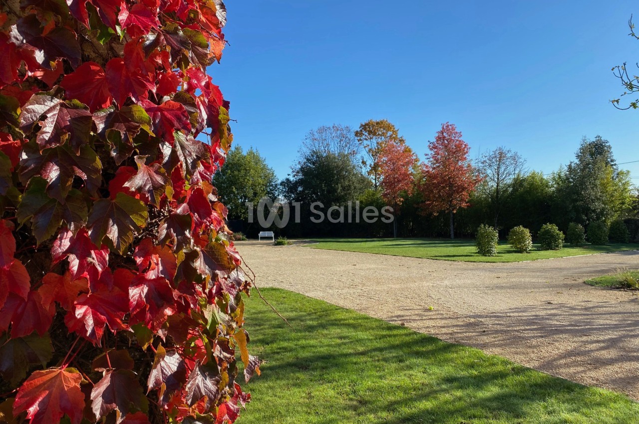 Feuillage rouge vif au premier plan, allée gravillonnée et arbres aux couleurs automnales sous un ciel bleu.