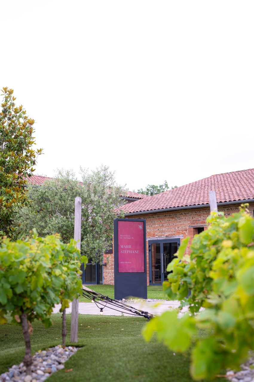 Allée de vignes menant à bâtiment en brique avec toiture rose et enseigne bordeaux.