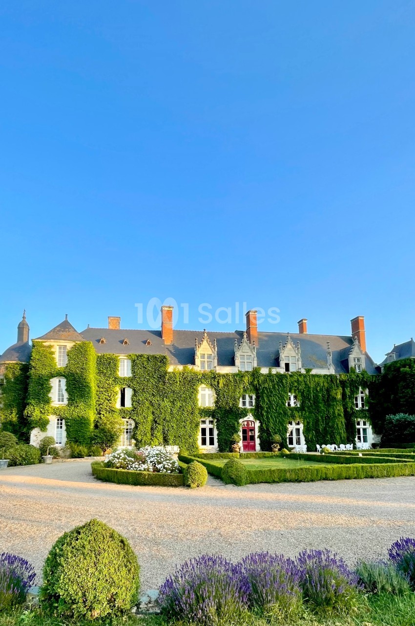 Façade d'un château recouvert de lierre, entouré de jardins fleuris et baigné par une lumière ensoleillée.