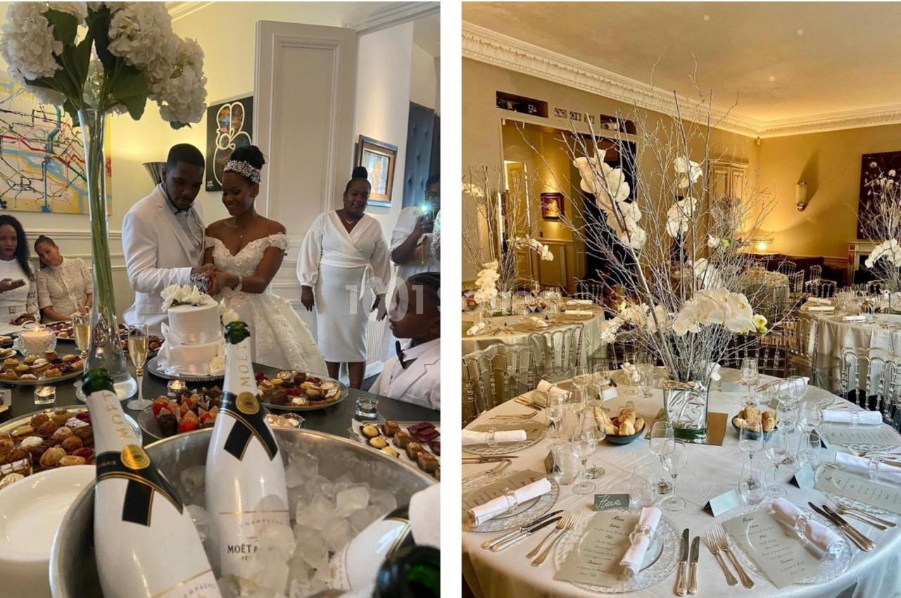 Image 1 : Un couple coupe un gâteau de mariage entouré d'invités et d'une table garnie de desserts. Image 2 : Salle de…