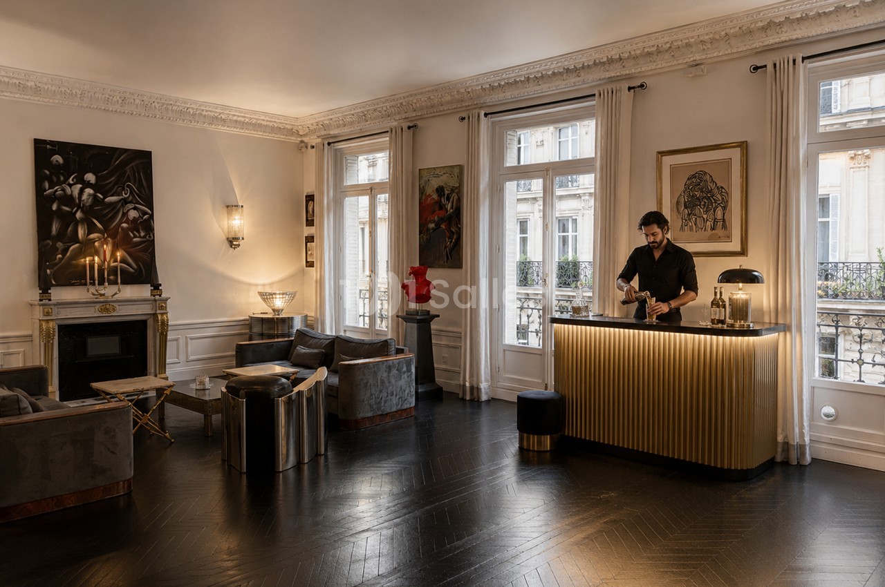 Un homme prépare une boisson derrière un comptoir doré dans un salon élégant avec parquet sombre et œuvres d'art.