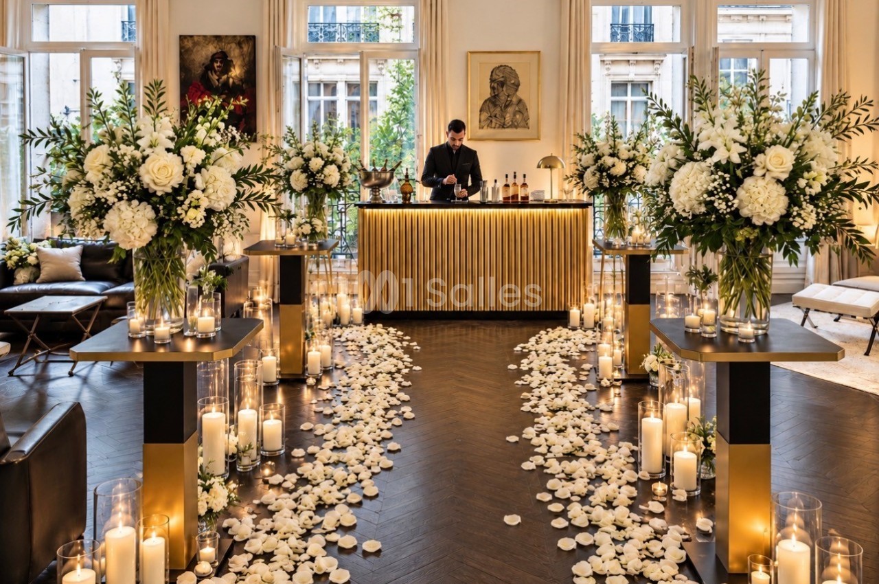 Salle élégante décorée pour un événement, avec des fleurs blanches, des bougies et un bar en arrière-plan.