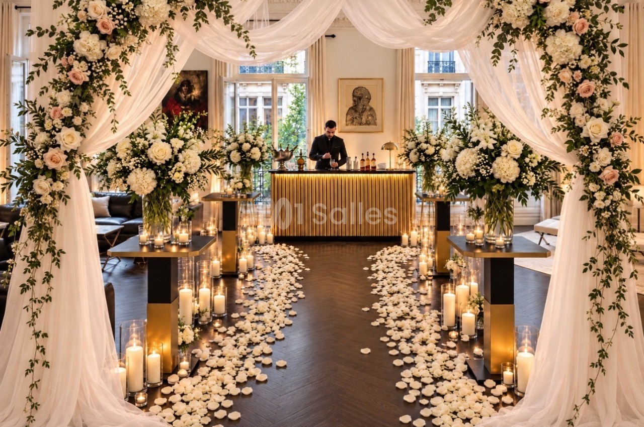 Allée décorée de pétales, bougies et fleurs blanches menant à un bar doré dans une salle élégante.