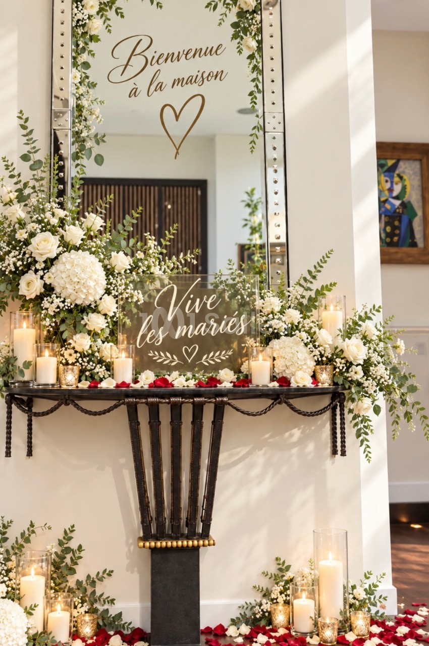 Décoration florale avec bougies et pétales rouges autour d'un miroir portant les messages ’Bienvenue à la maison’ et ’Vive…