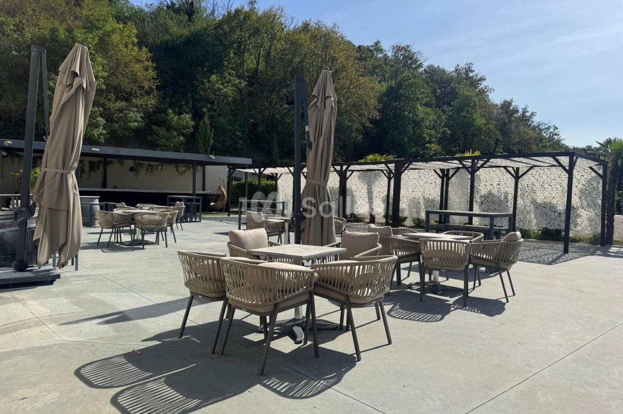 Terrasse extérieure avec tables et chaises en rotin, parasols fermés, entourée de verdure et d'un mur végétalisé.