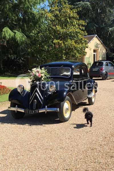 Voiture ancienne noire décorée de fleurs stationnée sur une allée gravillonnée, avec un petit chien au premier plan.