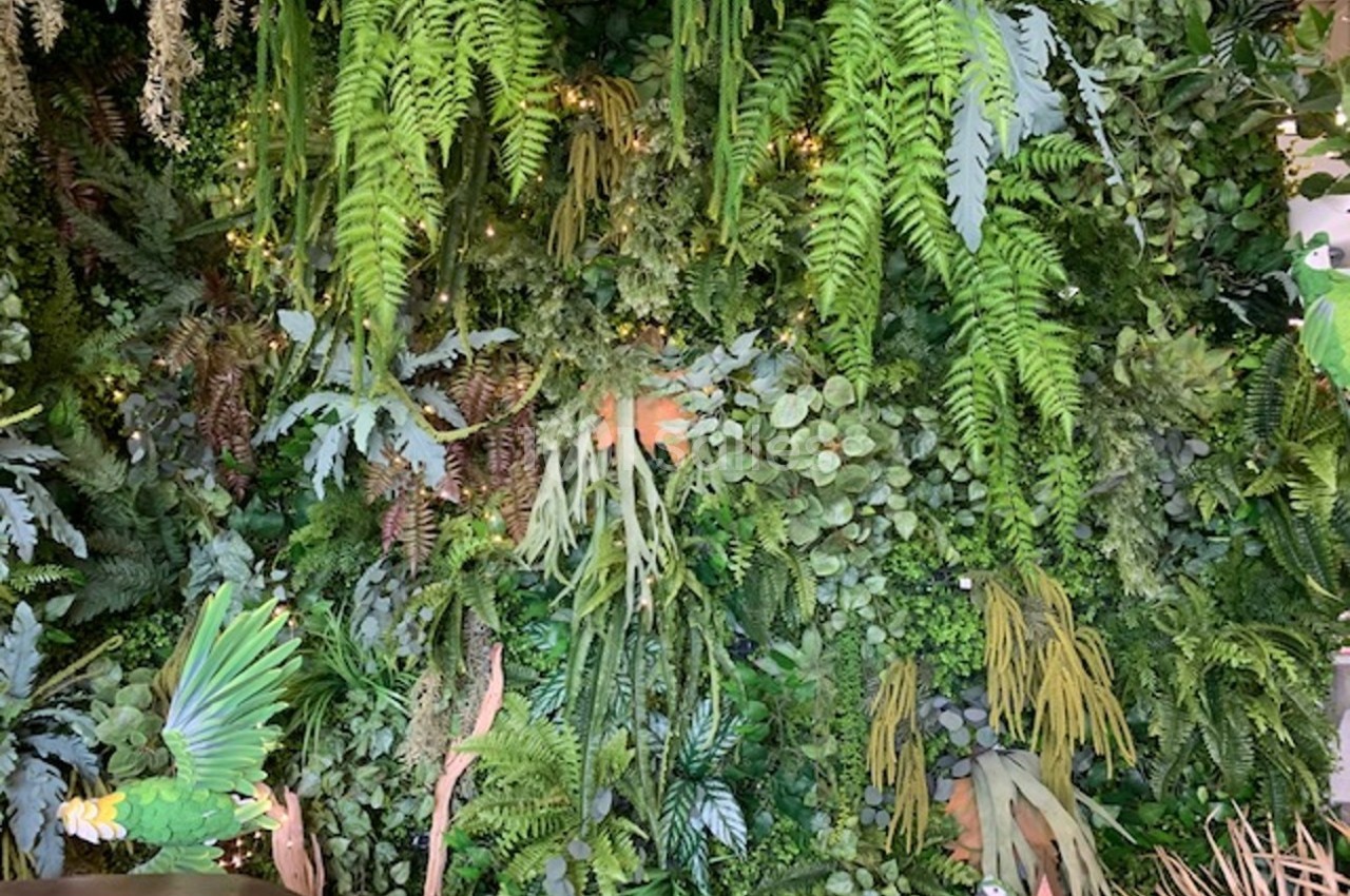 Mur végétal dense composé de diverses plantes vertes et feuillages, éclairé par une lumière douce.