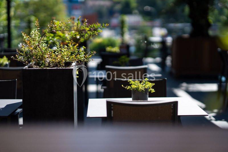 Terrasse extérieure avec tables, chaises et plantes en pot, éclairée par une lumière naturelle.